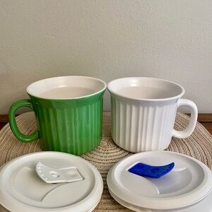 Corningware Green and White Mugs with Lids